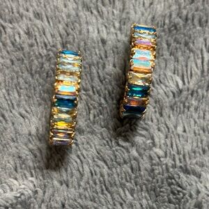 Gold Hoop Earrings with Blue Opal Inlay